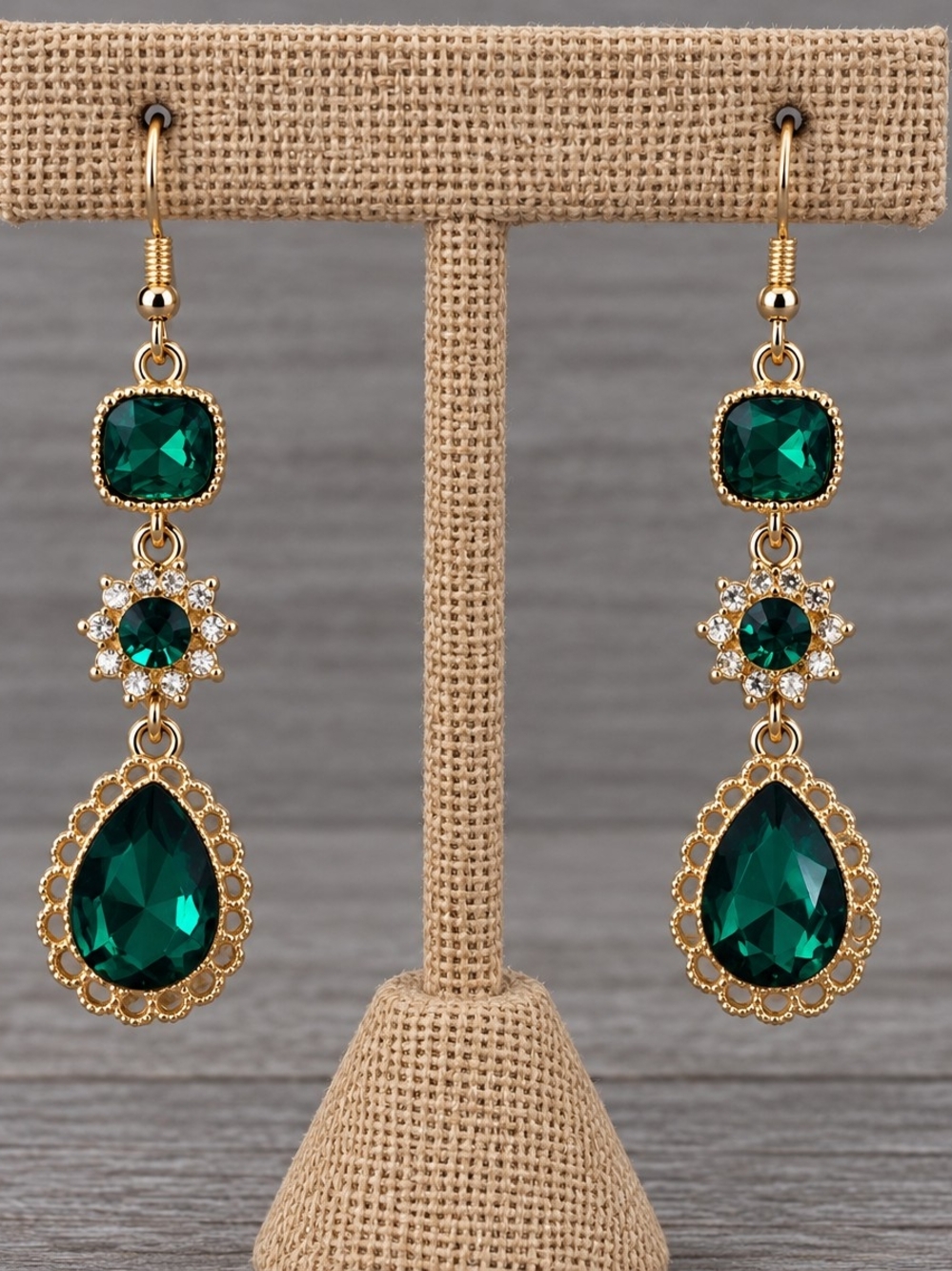 Gold and Emerald Green Teardrop Dangle Earrings